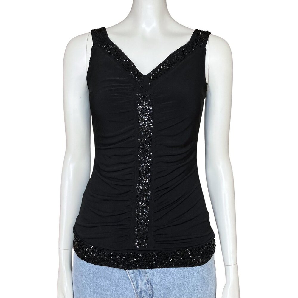 Vintage Y2K Black Beaded Sequin Going Out Top Ruched XS/S Fairycore Whimsigoth